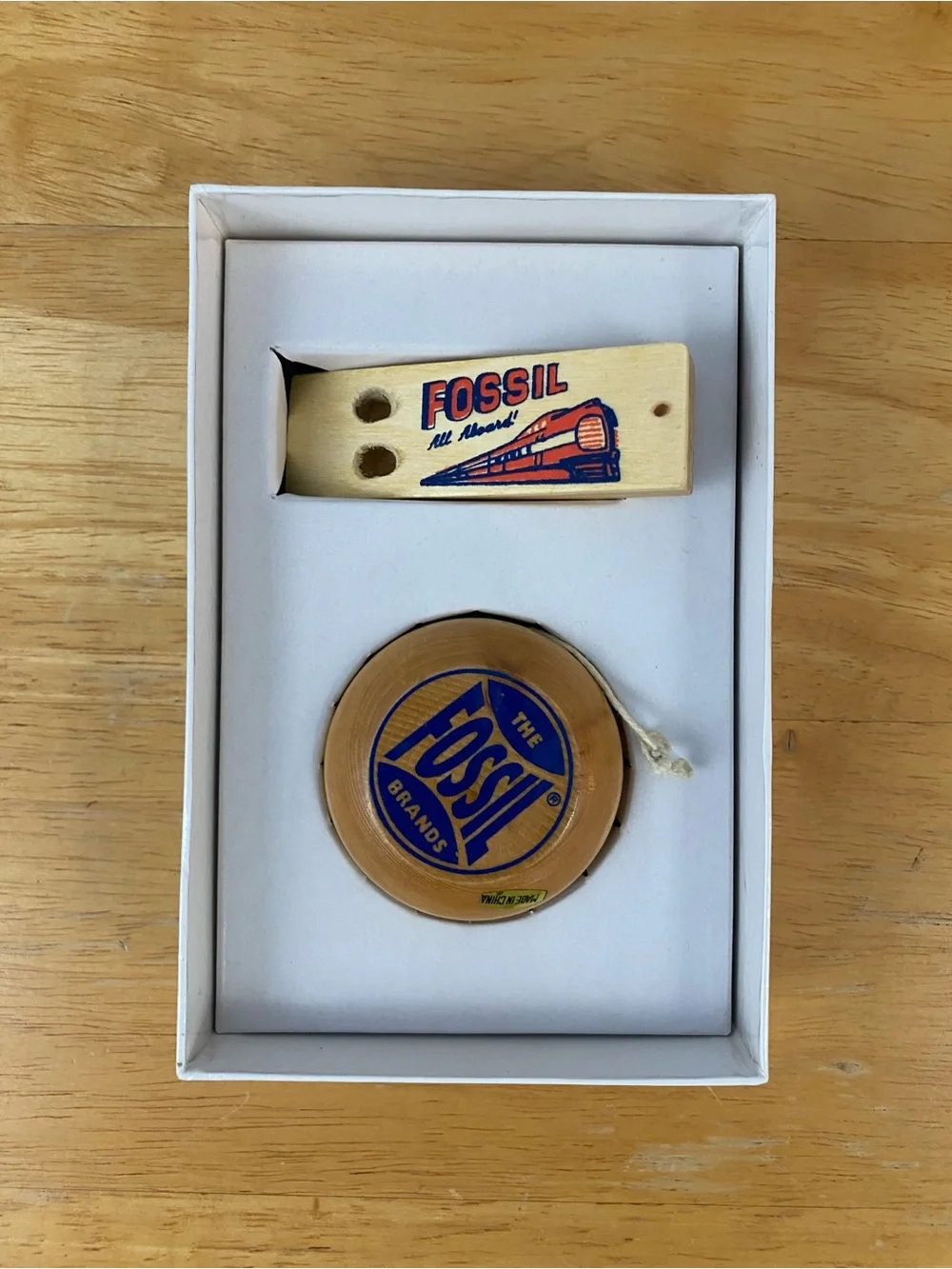 Vintage Fossil Wooden Yo-Yo and Whistle Set